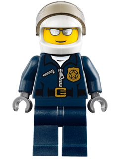 LEGO Minifigure cty0449 Police City Motorcycle Officer with silver sunglasses, white helmet, and blue uniform.