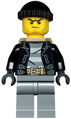 LEGO City Bandit minifigure cty0452, wearing black beanie, black jacket over striped shirt, gray pants, and tan backpack.