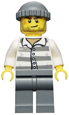 LEGO Minifigure cty0457, a jail prisoner with 86753 on striped uniform, dark bluish gray knit cap, and beard stubble.