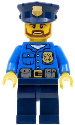LEGO Minifigure cty0477 City Officer with blue police uniform, gold badge, police hat, and beard.
