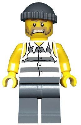 LEGO Minifigure cty0481 with jail prisoner shirt, prison stripes, torn sleeves, dark bluish gray legs, and knit cap.