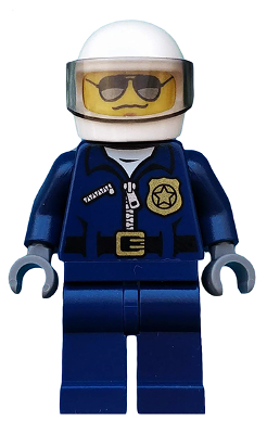 LEGO Minifigure cty0487, Police City Helicopter Pilot. Blue uniform, white helmet, sunglasses, mustache, gold badge.