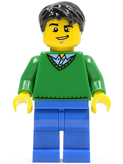 LEGO Minifigure cty0503 with green V-neck sweater, blue legs, black short tousled hair, and lopsided grin.