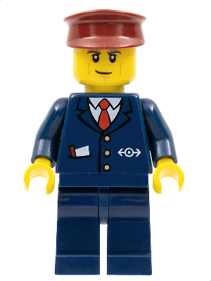 LEGO Minifigure cty0505: Dark blue suit with train logo, dark blue legs, dark red hat, and cheek lines.