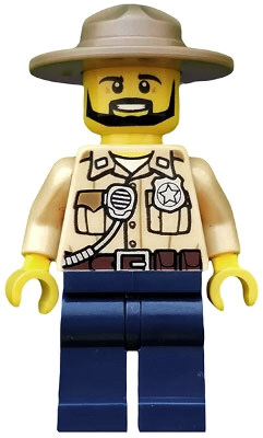 LEGO Minifigure cty0517 - Swamp Police Officer with dark tan hat, black beard, tan shirt, and dark blue pants.
