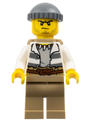 LEGO Minifigure cty0522: male crook with angry face, dark bluish gray knit cap, striped shirt, tan pants, and backpack.