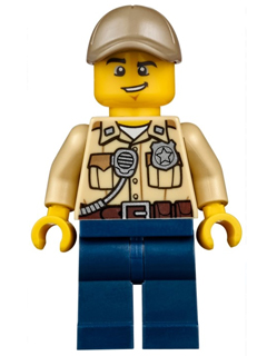 LEGO Minifigure cty0523, a smiling male police officer with a dark tan cap, tan shirt with a badge and radio, and dark blue pants.