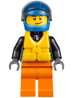 LEGO minifigure cty0542, male Xtreme Powerboat Driver with blue helmet, yellow life jacket, black jacket, and orange legs.