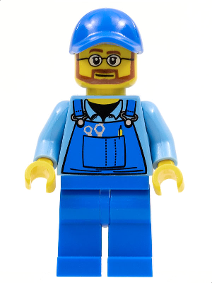 A LEGO minifigure with a blue cap, beard, and glasses. It wears blue overalls with a wrench, pliers, and pencil in the pocket.