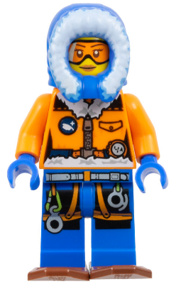 LEGO Minifigure of a female Arctic explorer in an orange jacket, blue hood with fur, blue pants with climbing gear, and snowshoes.
