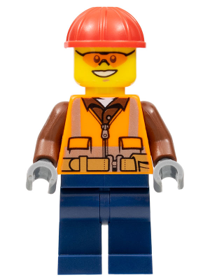 LEGO cty0584 construction worker minifigure with red helmet, orange safety glasses, vest, brown shirt, and blue legs.