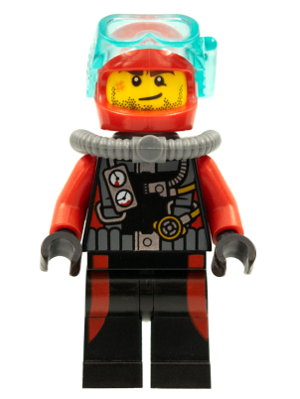 LEGO Minifigure cty0599 Scuba Diver, male, red helmet, blue mask, black/red wetsuit with gear, black legs.