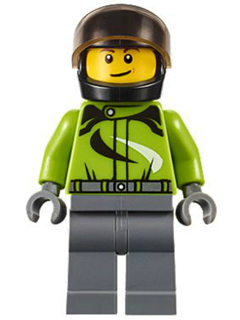 A LEGO minifigure (cty0614) of a motorcyclist wearing a black helmet with a dark brown visor, a lime green jacket with black and white designs, and grey legs.