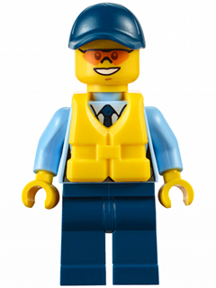 LEGO Minifigure cty0615, City Officer, in dark blue cap, orange sunglasses, light blue uniform with tie, and yellow life jacket.