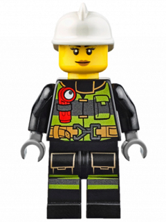 LEGO female firefighter minifigure with white helmet, lime green reflective stripes, utility belt, and red flashlight.