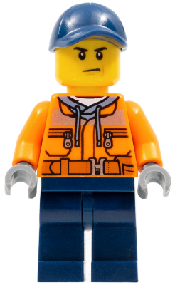 LEGO cty0641 male construction worker minifigure: orange safety jacket with reflective stripe, sand blue hoodie, dark blue pants, cap, scowl.