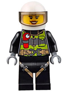 LEGO Minifigure cty0651, female, in black uniform with reflective lime vest, red flashlight, white helmet, trans-brown visor.