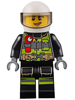 LEGO Minifigure firefighter with white helmet, trans-brown visor, lopsided grin, black uniform with reflective stripes, utility belt, and flashlight.
