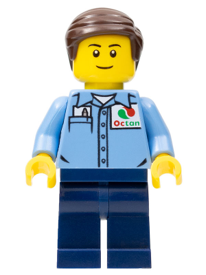 LEGO minifigure cty0672 with dark brown hair, medium blue Octan uniform shirt with pocket, and dark blue legs.