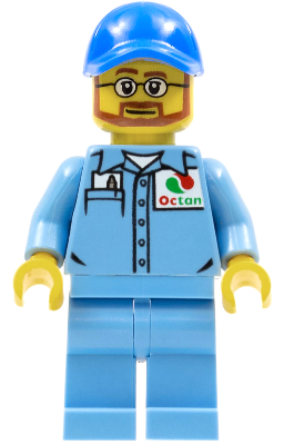 LEGO Minifigure cty0673 with medium blue uniform shirt, Octan logo, pocket, medium blue legs, and a blue cap.