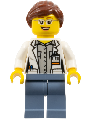 Female LEGO minifigure scientist with brown hair, glasses, white lab coat, ID badge, and blue pants.