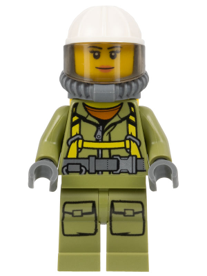 LEGO cty0681 female Volcano Explorer minifigure with white helmet, trans-brown visor, grey breathing gear, olive suit, yellow harness.