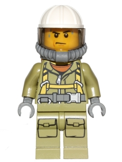 LEGO Minifigure cty0682, a male volcano explorer in olive suit with harness, white helmet, brown visor, and breathing gear.