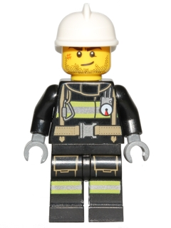 LEGO Minifigure cty0696, firefighter with white helmet, beard stubble, black uniform, reflective stripes, and utility belt.