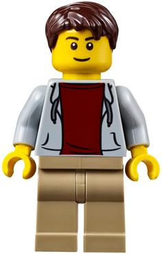 LEGO Minifigure cty0707: light bluish gray hoodie, dark red shirt, dark tan legs, dark brown tousled hair, thin grin.