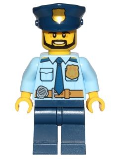 LEGO police minifigure cty0708 with dark blue hat, light blue shirt, tie, gold badge, radio, dark blue legs, and black beard.