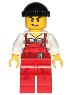 LEGO minifigure cty0709: City Bandit male with red overalls, black knit cap, and a lopsided open-mouth smile.
