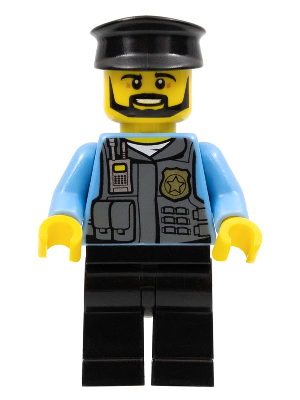 LEGO Minifigure cty0716: Police officer with black cap, black beard, light blue shirt, grey tactical vest, and black legs.