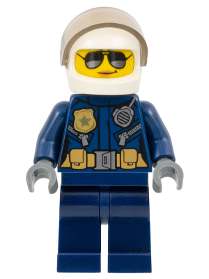 LEGO Minifigure cty0739 Police City Helicopter Pilot female with dark blue uniform, badge, radio, silver sunglasses, and tan helmet.