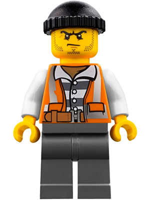 LEGO Minifigure cty0779: City Bandit Crook in orange vest, striped shirt, gray legs, black knit cap, scowl.