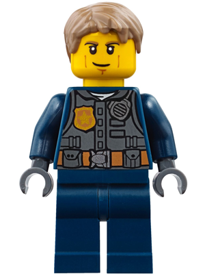 LEGO Minifigure cty0780 Police Chase McCain with tan hair, dark blue uniform, grey tactical vest, and golden badge.