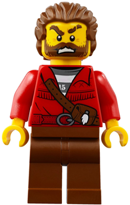 LEGO Minifigure cty0835, a male crook with an angry face, brown hair and beard, red fringed shirt with a strap and pouch, and brown legs.