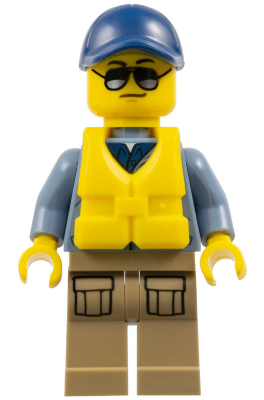 LEGO Minifigure cty0837, Mountain Police Officer with blue cap, sunglasses, blue shirt, yellow life jacket, and tan pants.