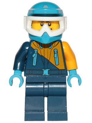 LEGO Minifigure cty0904 Arctic Snowmobile Driver with teal helmet, white goggles, dark blue and gold jacket, and dark blue legs.
