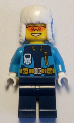 LEGO Minifigure cty0928 Arctic Explorer in blue jacket with white fur ushanka hat, orange sunglasses, and dark blue legs.