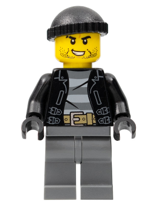 LEGO Minifigure cty0930 - City Bandit Crook with black knit cap, black stubble, black jacket, striped shirt, and grey pants.