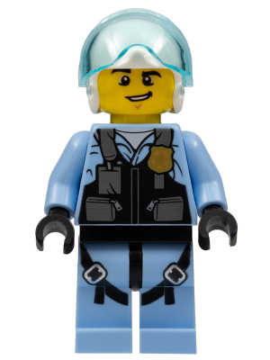 LEGO Minifigure cty0953 - Sky Police Jet Pilot in light blue uniform, black vest with gold badge, clear visor helmet, and smiling face.