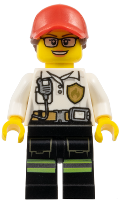 LEGO Minifigure cty0970: Female in red cap, white shirt with fire badge & belt, black legs with reflective stripes.