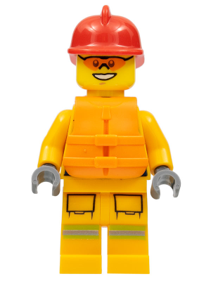 LEGO Minifigure cty0974 wearing a red fire helmet, orange life jacket, yellow suit with reflective stripes and goggles.