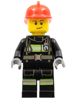 LEGO Minifigure cty0975 firefighter in black suit with reflective stripes, utility belt, red fire helmet, and lopsided smile.