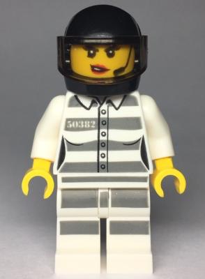 LEGO cty0998 Female Jail Prisoner minifigure, black helmet with visor, scowling face, red lips, and grey prison stripes.