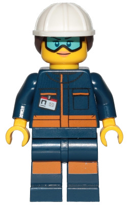 LEGO Minifigure cty1060, female Ground Crew Technician, dark blue jumpsuit, white hard hat, brown ponytail, light blue goggles.