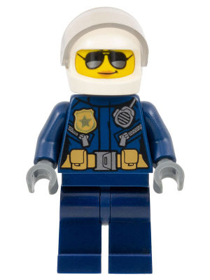 LEGO Minifigure cty1121: Police City Motorcyclist in dark blue uniform, white helmet, silver sunglasses, police badge, and radio.