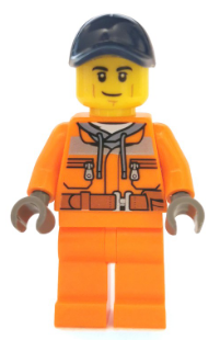 LEGO Minifigure: male operator in orange safety jacket with reflective stripe, sand blue hoodie, orange legs, dark blue cap, and a smirk.