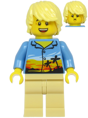 LEGO cty1184 male Plane Passenger minifigure with bright light yellow hair, medium blue Hawaiian shirt, tan legs, and two faces.