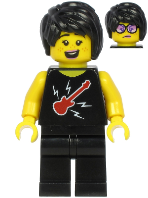 LEGO minifigure with black hair, smiling yellow face with freckles, black sleeveless top with red guitar, black legs. Includes alternate face.
